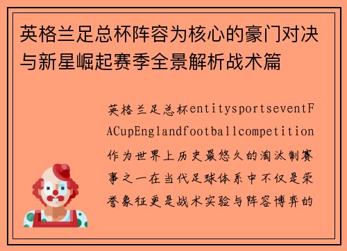 英格兰足总杯阵容为核心的豪门对决与新星崛起赛季全景解析战术篇 英格兰足总杯阵容为核心的豪门对决与新星崛起赛季全景解析战术篇